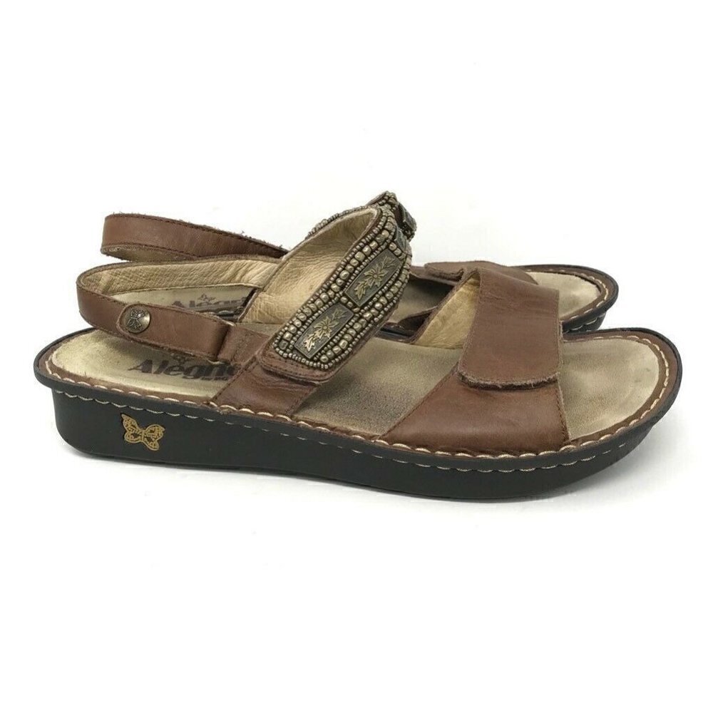 Alegria Ankle Strap Sandals Brown Leather 10